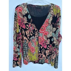 Dana Taylor Womens Floral Print Long Sleeve Mesh Overlay Cardigan Top XL